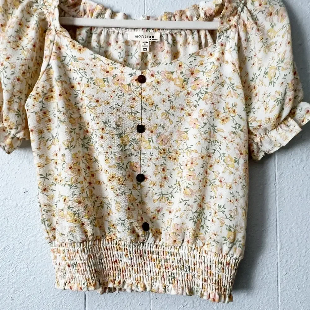 Monteau Floral Puff Sleeve Smocked Top Womens XS Cottagecore Dainty Fairy Boho